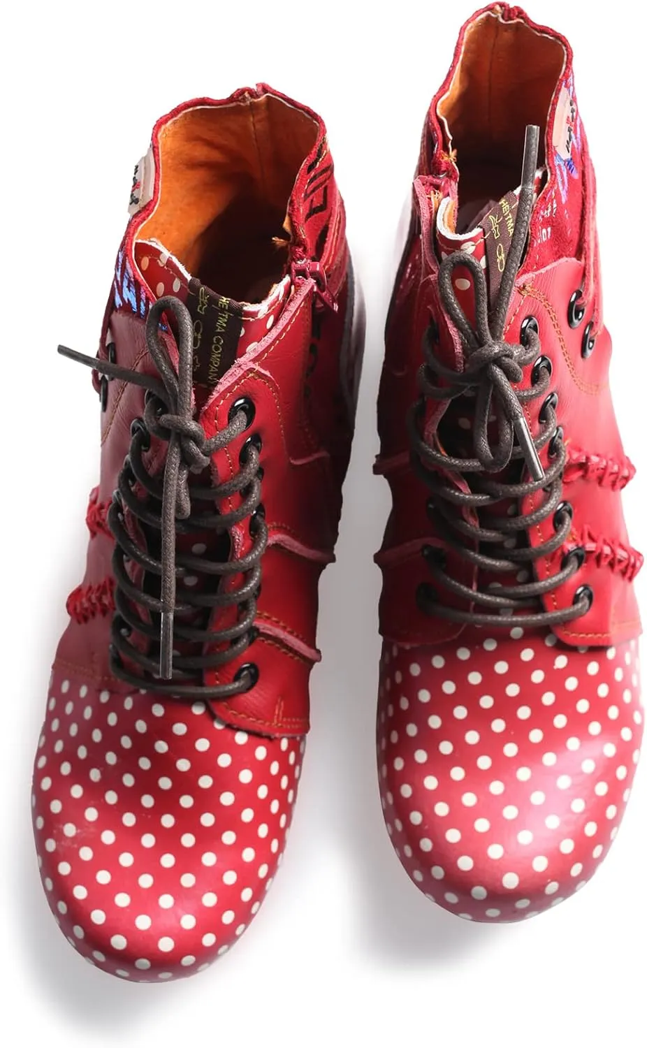 TMA EYES Boots for Women Lace-up Polka Dot Chunky Heels Ankle Boots