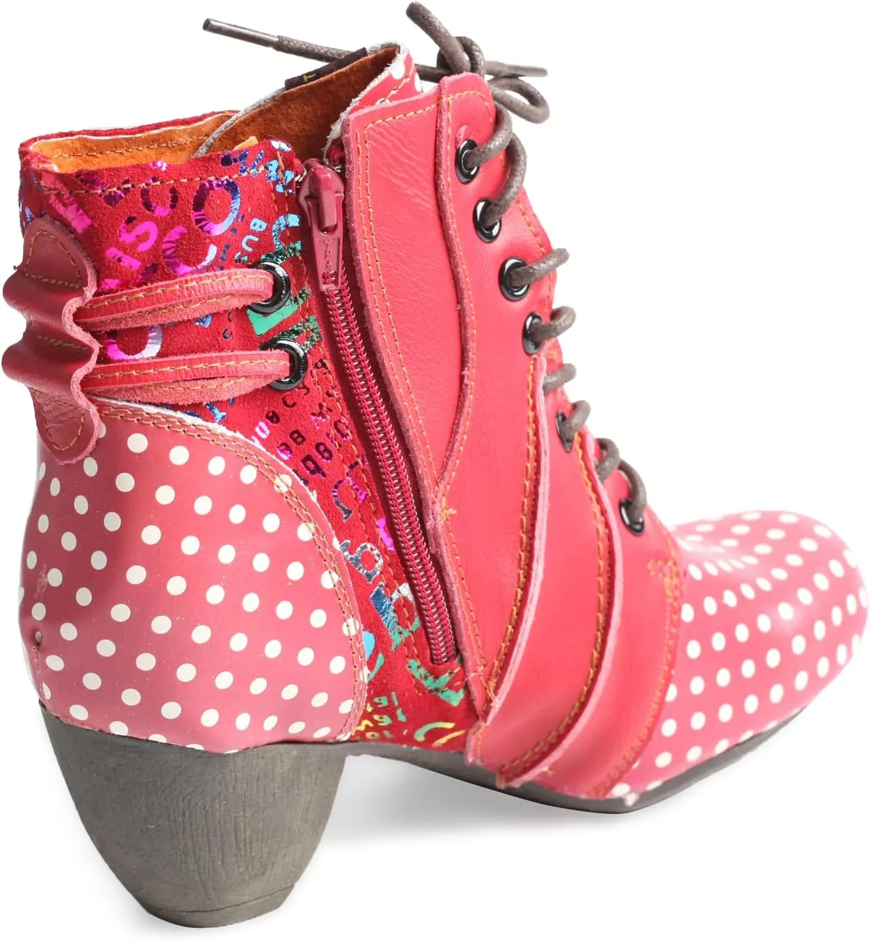 TMA EYES Boots for Women Lace-up Polka Dot Chunky Heels Ankle Boots