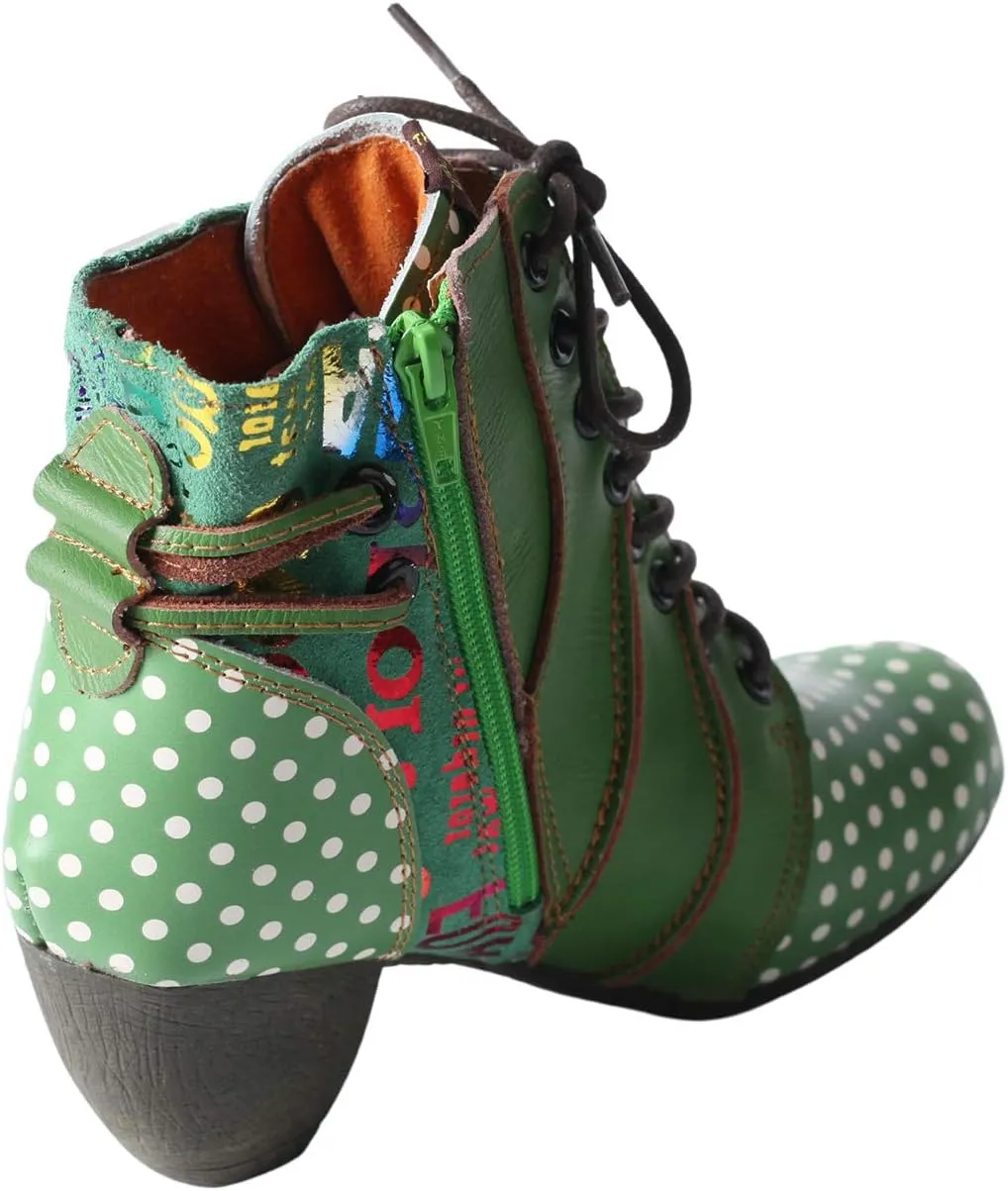 TMA EYES Boots for Women Lace-up Polka Dot Chunky Heels Ankle Boots