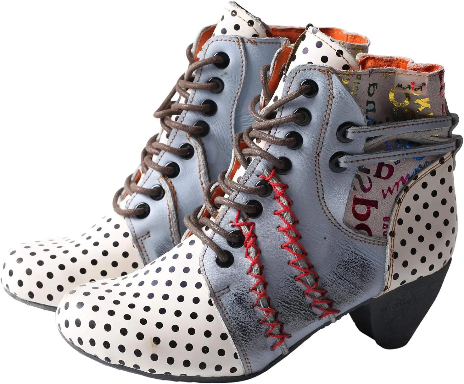 TMA EYES Boots for Women Lace-up Polka Dot Chunky Heels Ankle Boots