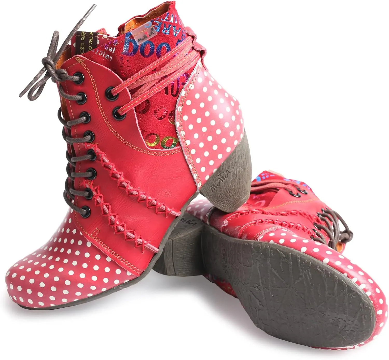 TMA EYES Boots for Women Lace-up Polka Dot Chunky Heels Ankle Boots