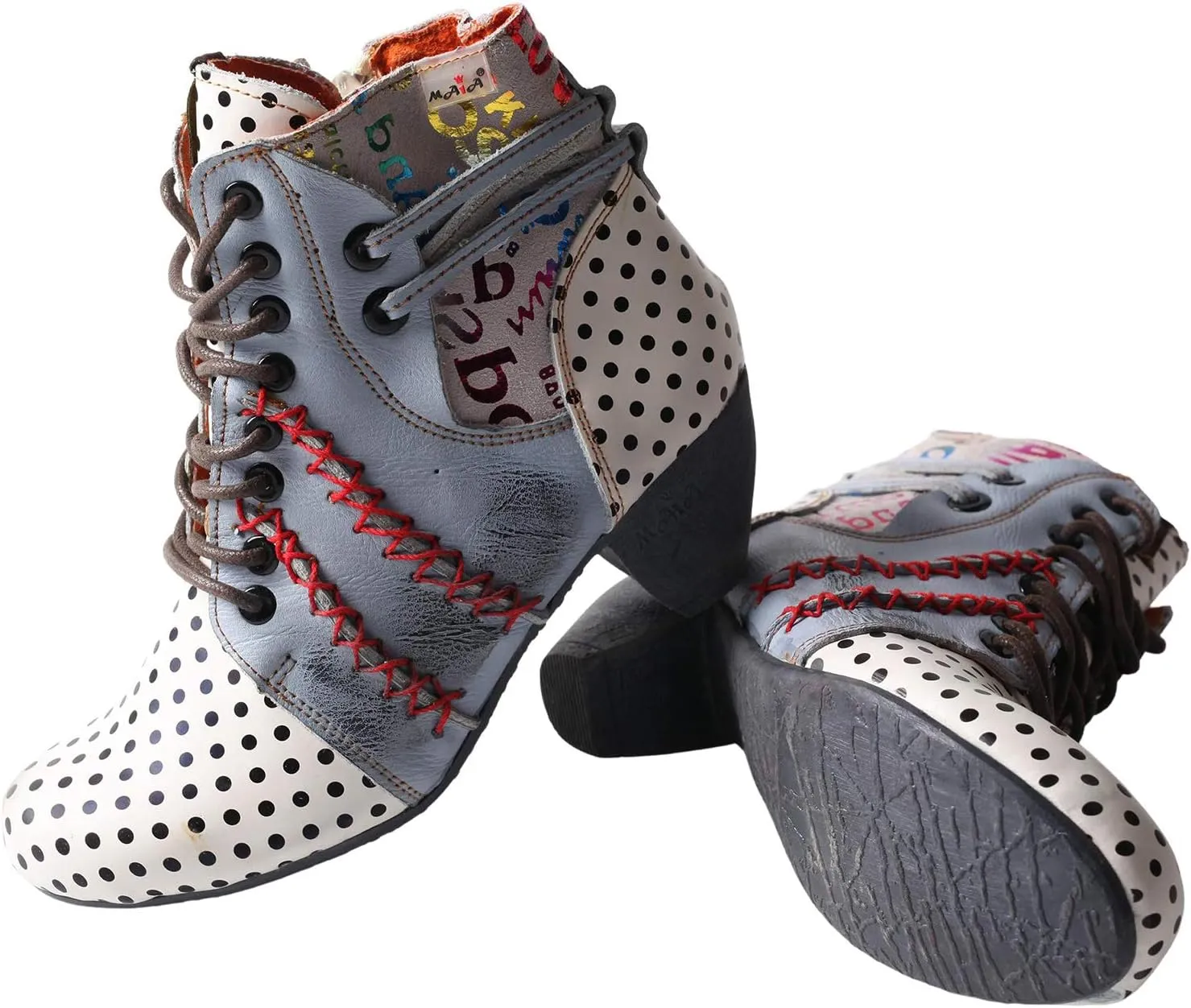 TMA EYES Boots for Women Lace-up Polka Dot Chunky Heels Ankle Boots
