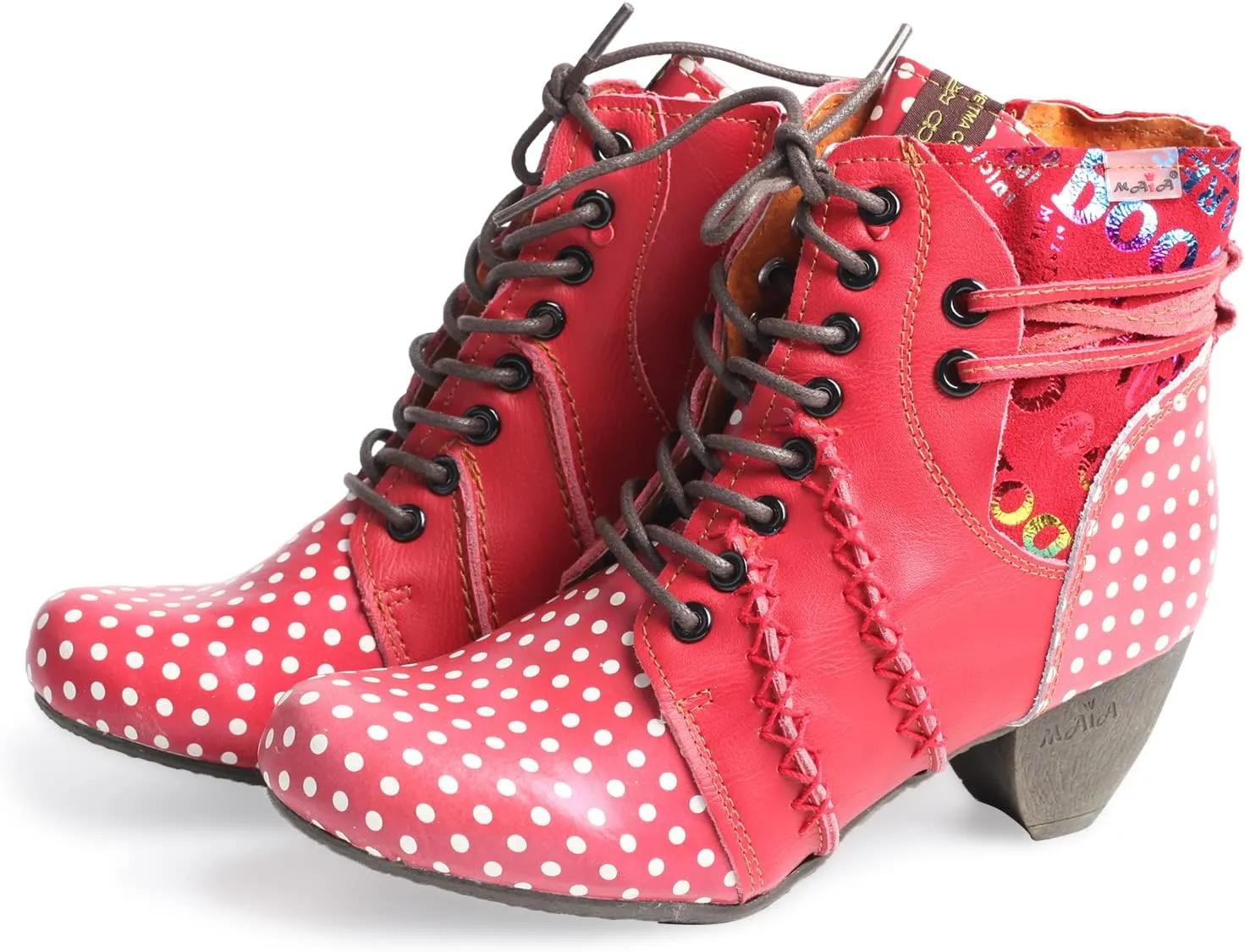 TMA EYES Boots for Women Lace-up Polka Dot Chunky Heels Ankle Boots