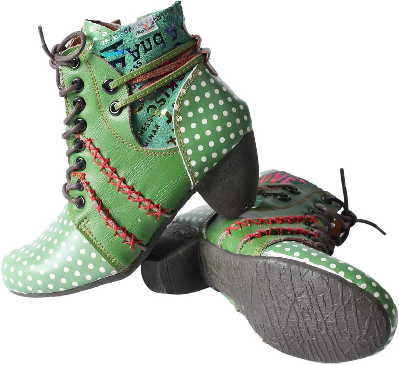 TMA EYES Boots for Women Lace-up Polka Dot Chunky Heels Ankle Boots