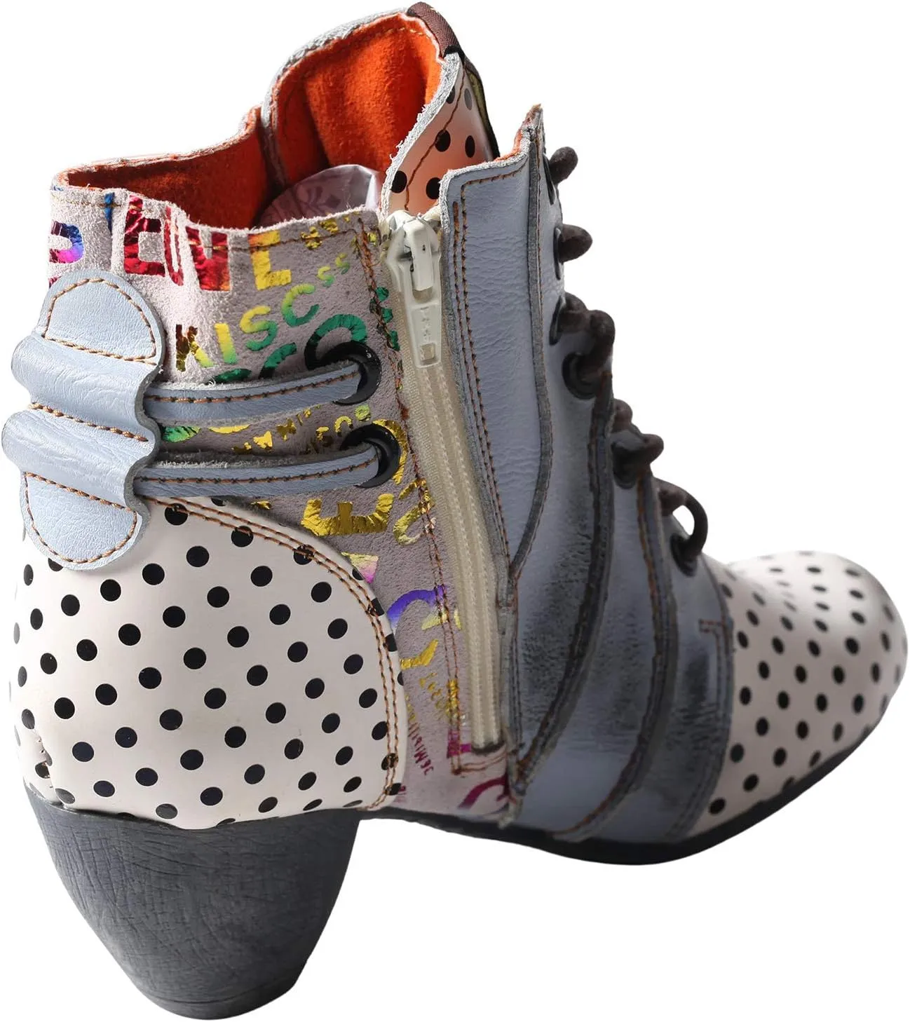 TMA EYES Boots for Women Lace-up Polka Dot Chunky Heels Ankle Boots