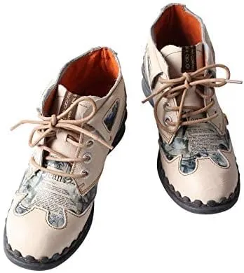 TMA EYES Women's leather printed patchwork ankle boots lace-up fashion shoes