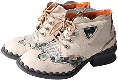 TMA EYES Women's leather printed patchwork ankle boots lace-up fashion shoes