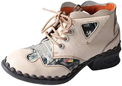 TMA EYES Women's leather printed patchwork ankle boots lace-up fashion shoes