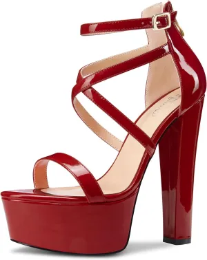 TNYNFBEB Womens Chunky Block High Platform Heel Peep Open Toe Sandals Cross-Strap Zipper Party Basic Classic 5.9 Inches Heels