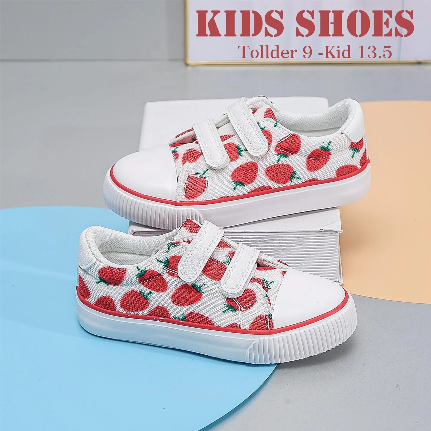 Toddler Canvas Shoes Sneakers Girls Boys with Dual Hook and Loops Breathable Kids Canvas Shoes Strawberry Fruit