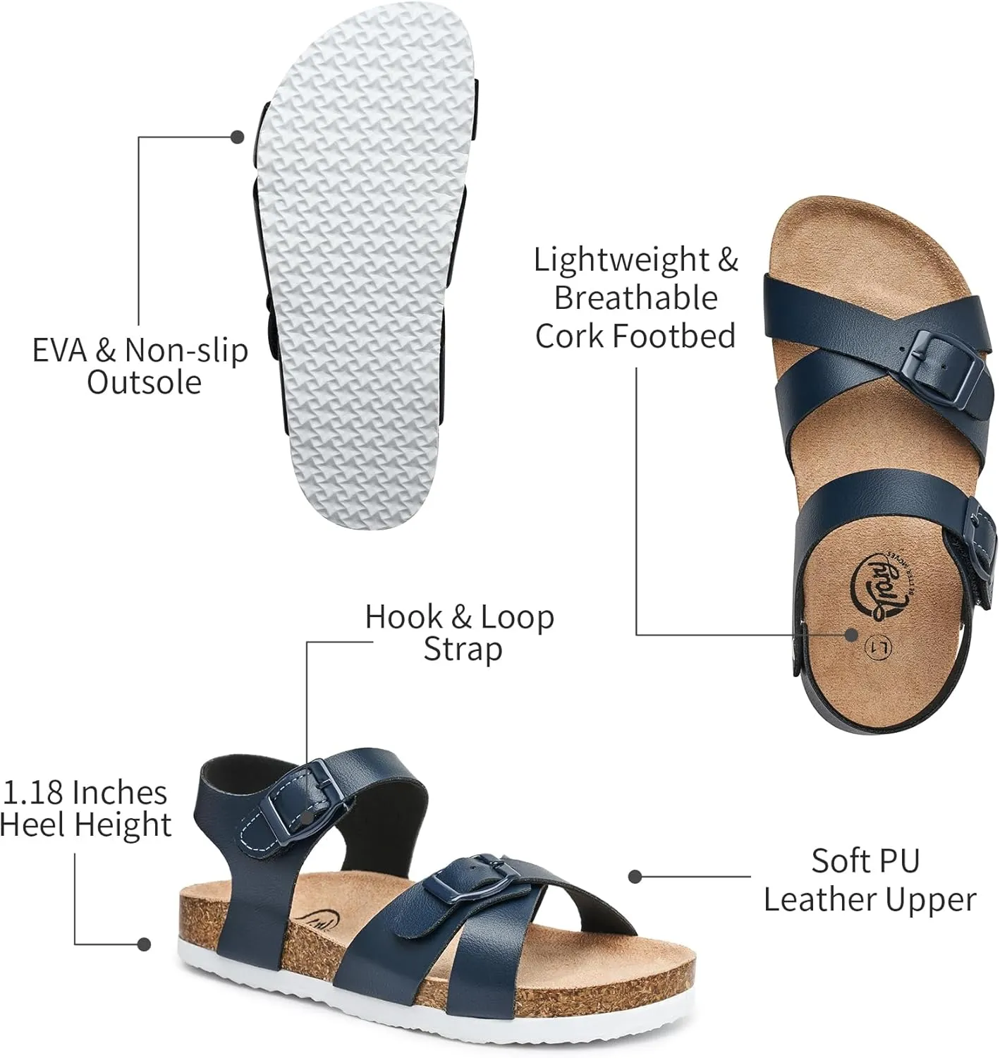 Trary Girls Sandals Open Toe Casual Summer Shoes with Cork Footbed Comfortable Flat Sandals for Little Kids