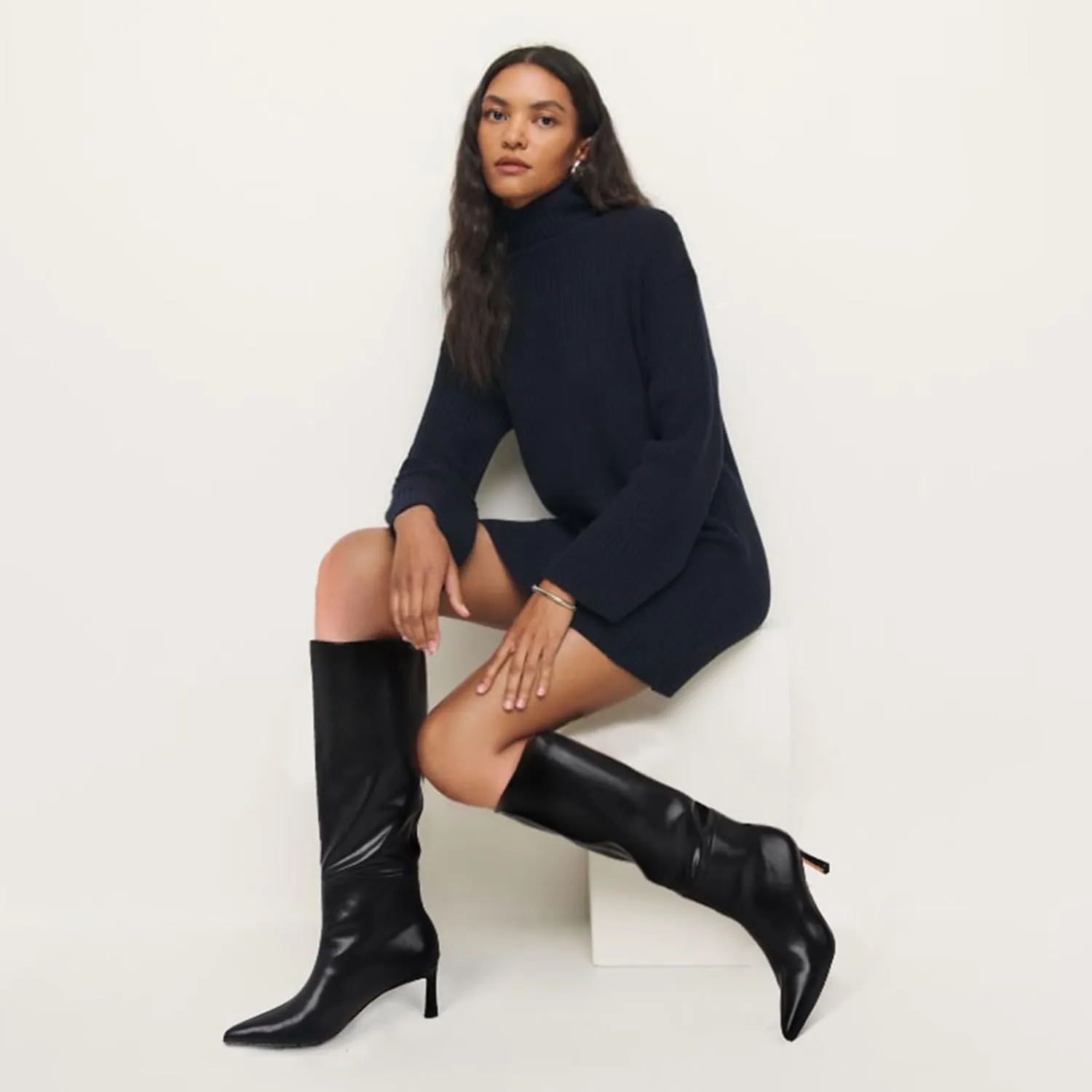 Uacllcau Knee High Boots for Women Pointed Toe Kitten Heel Tall Boots Womens Fashion Slip On Wide Calf Boots Heel Dress Stiletto Long Boots