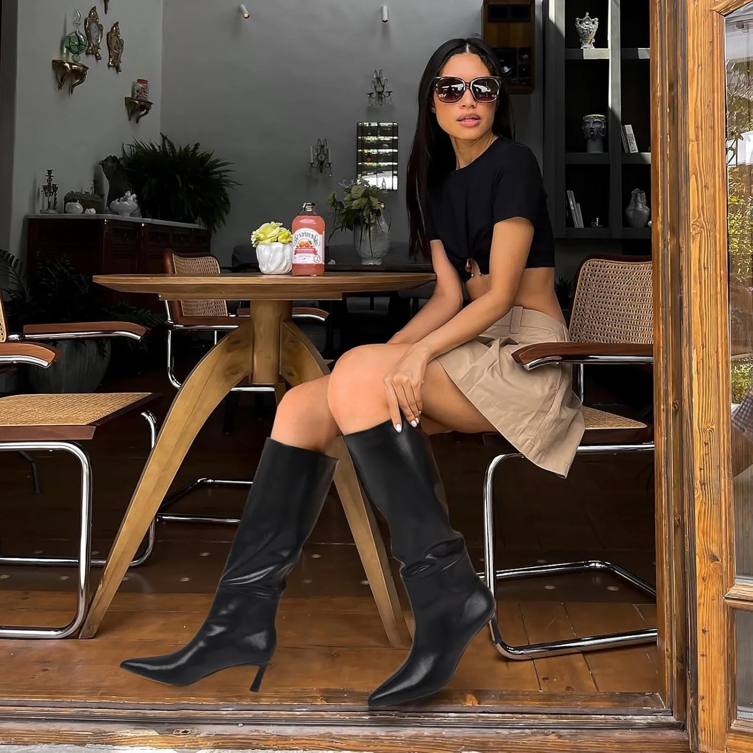 Uacllcau Knee High Boots for Women Pointed Toe Kitten Heel Tall Boots Womens Fashion Slip On Wide Calf Boots Heel Dress Stiletto Long Boots