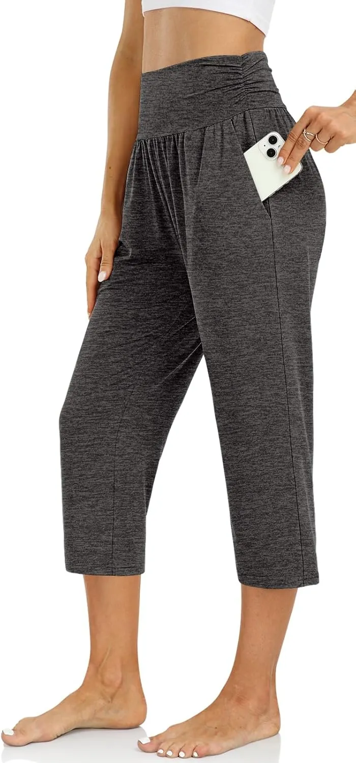 UEU Women's Capri Pants Summer Loose Yoga Pants Comfy Workout Cropprd Pants with Pockets