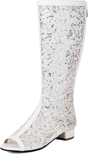 Uniquelly Women's Summer Boots Peep Toe Knee High Sandals Back Zipper Block Low Heel Gladiator Sandals Shoes