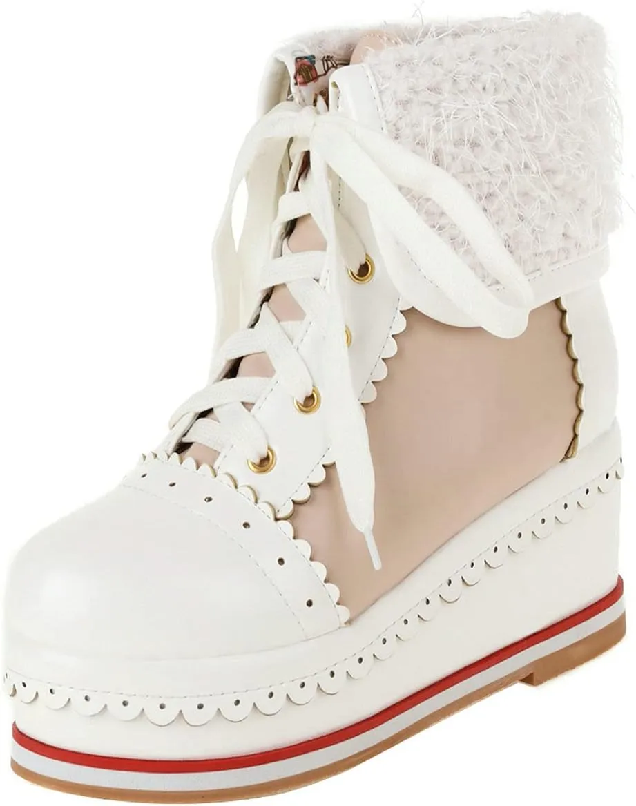 UniqueStride Womens Cute Kawaii Platform Wedge Ankle Boots Lace Up Brogue Lolita Booties