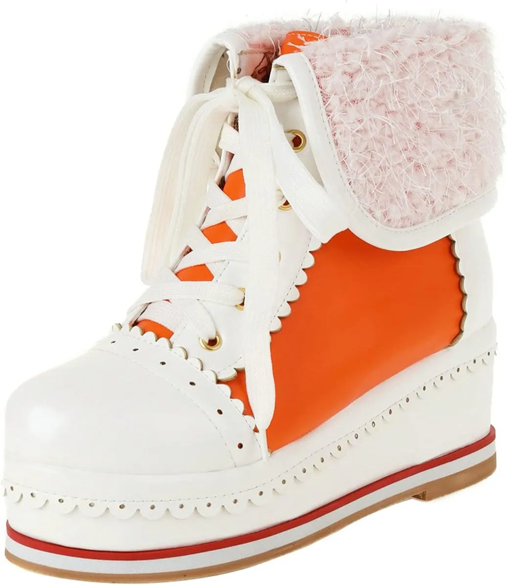 UniqueStride Womens Cute Kawaii Platform Wedge Ankle Boots Lace Up Brogue Lolita Booties