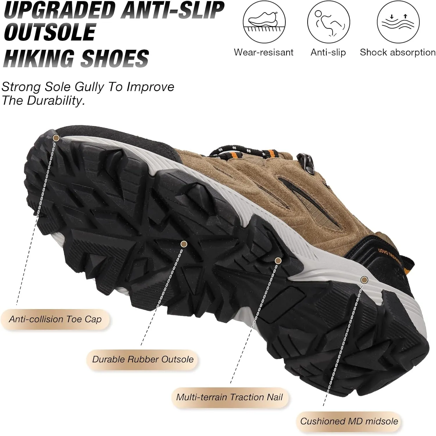 UOVO Men's Waterproof Hiking Shoes Suede Leather Low Cut Non-Slip Durable Lightweight Breathable Casual Walking Shoes for Men Outdoor Trailing Trekking Climbing