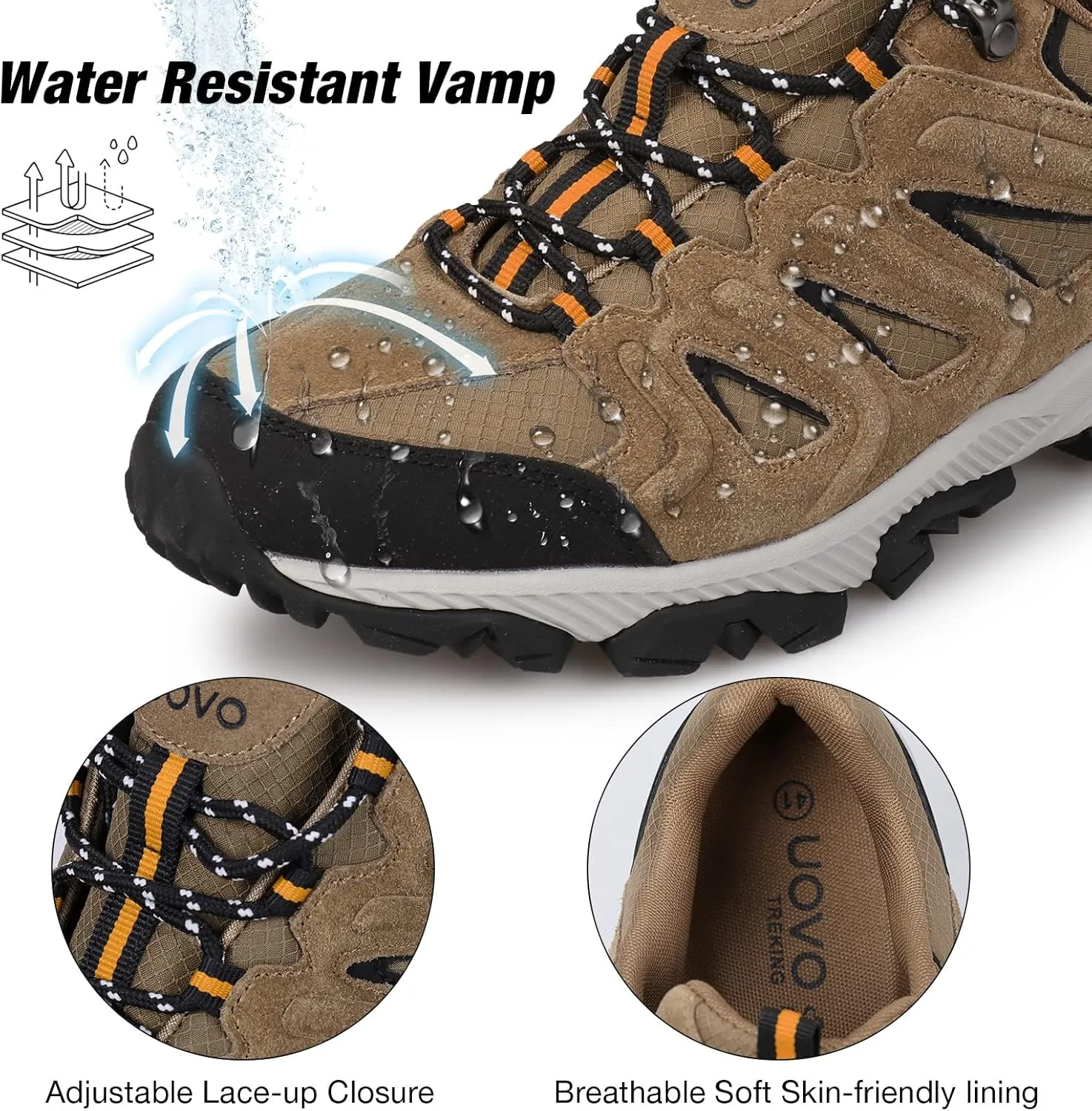 UOVO Men's Waterproof Hiking Shoes Suede Leather Low Cut Non-Slip Durable Lightweight Breathable Casual Walking Shoes for Men Outdoor Trailing Trekking Climbing