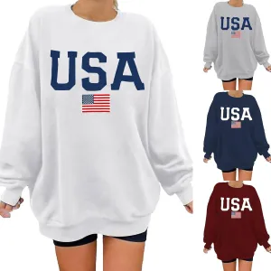 USA Sweatshirt for Women American Flag Shirt Patriotic TShirt Stars Stripes Long Sleeve Pullover Crew Neck Tee Tops