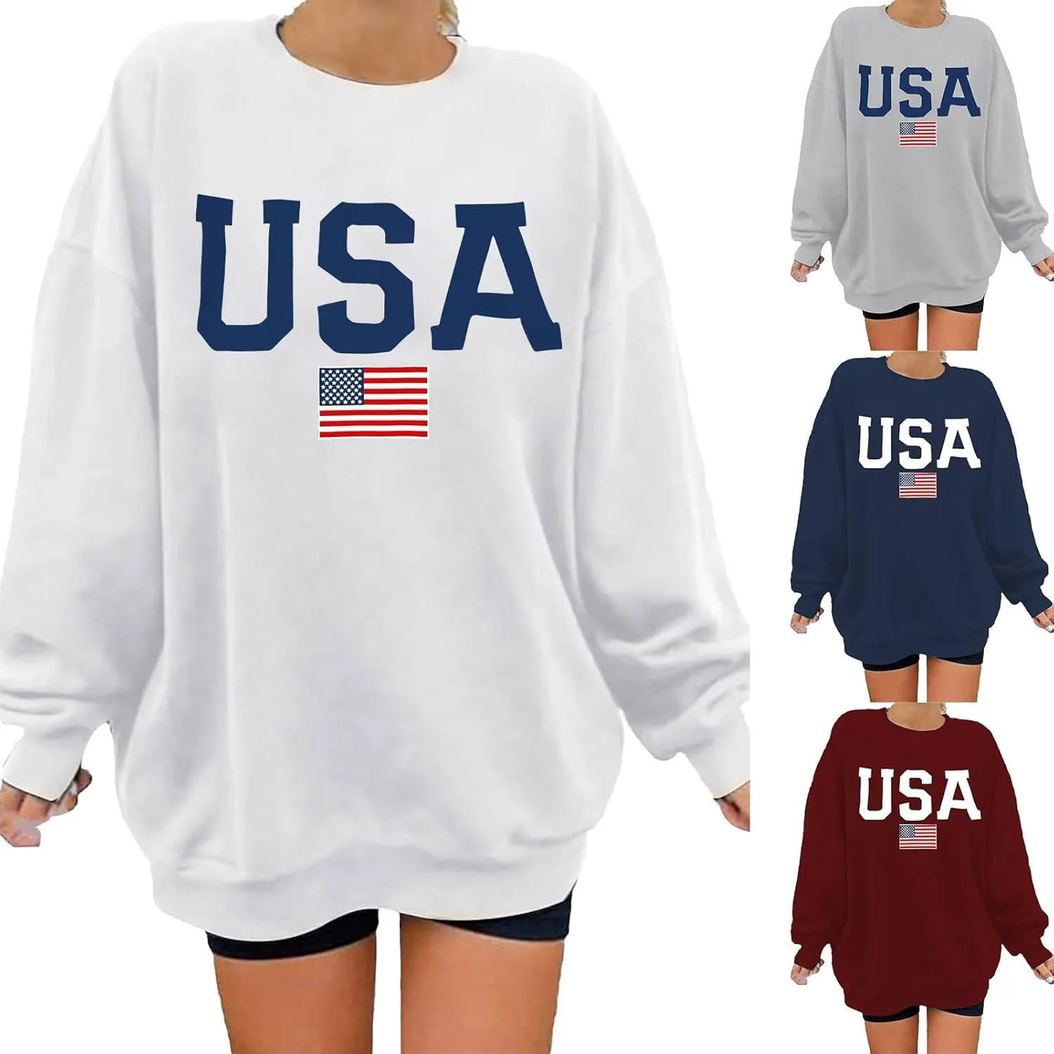 USA Sweatshirt for Women American Flag Shirt Patriotic TShirt Stars Stripes Long Sleeve Pullover Crew Neck Tee Tops