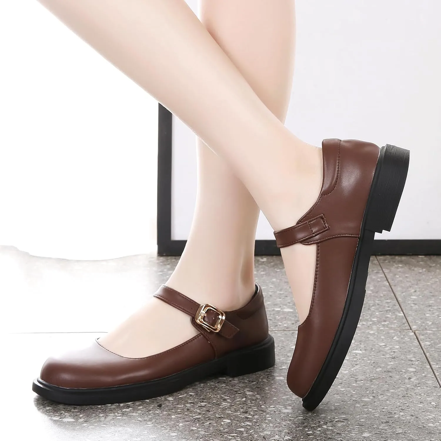 UZB Mary Jane Shoes Womens Flats Shoes Round Toe Ankle Strap Dress Ballet Shoes