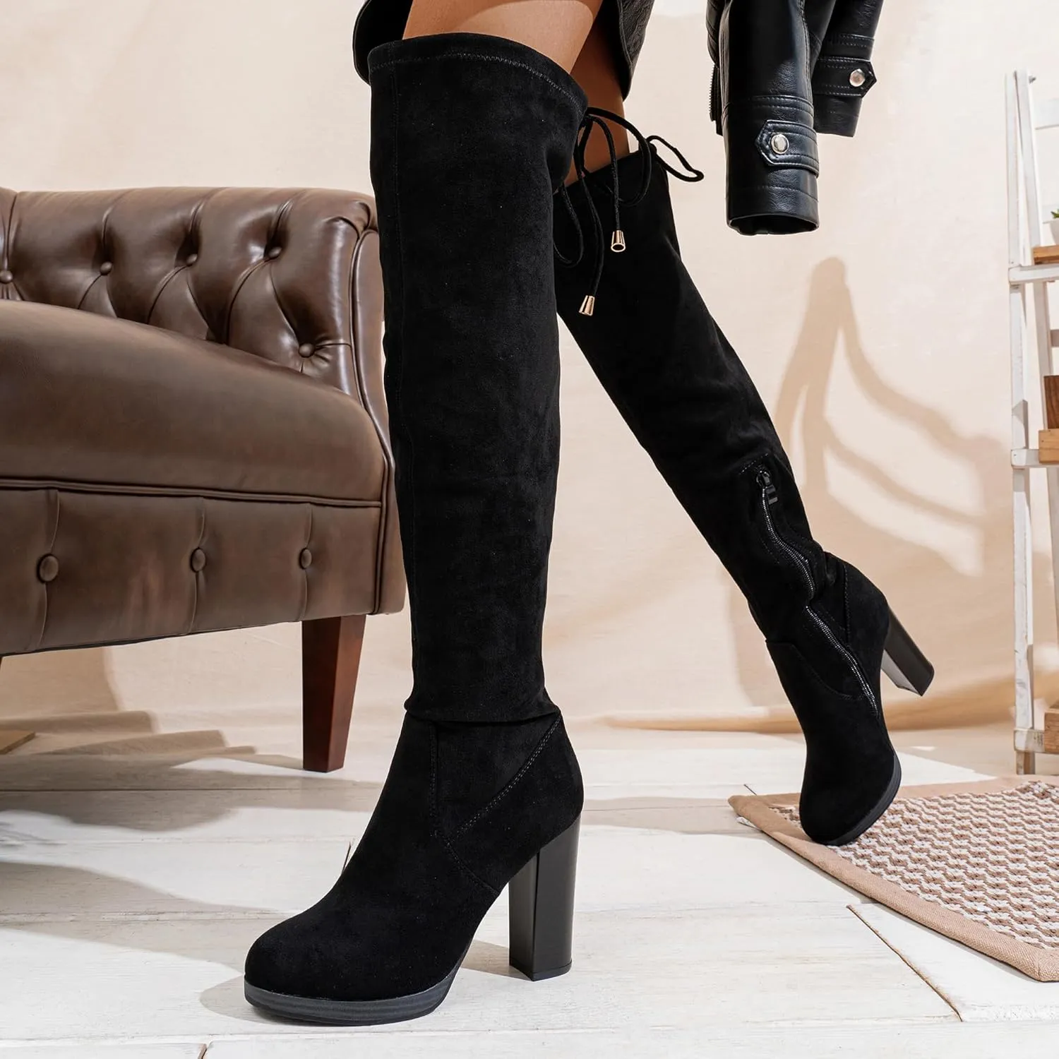 Vepose Women's Thigh High Black Over The Knee Boots, Tall Suede Knee High 996 Boot