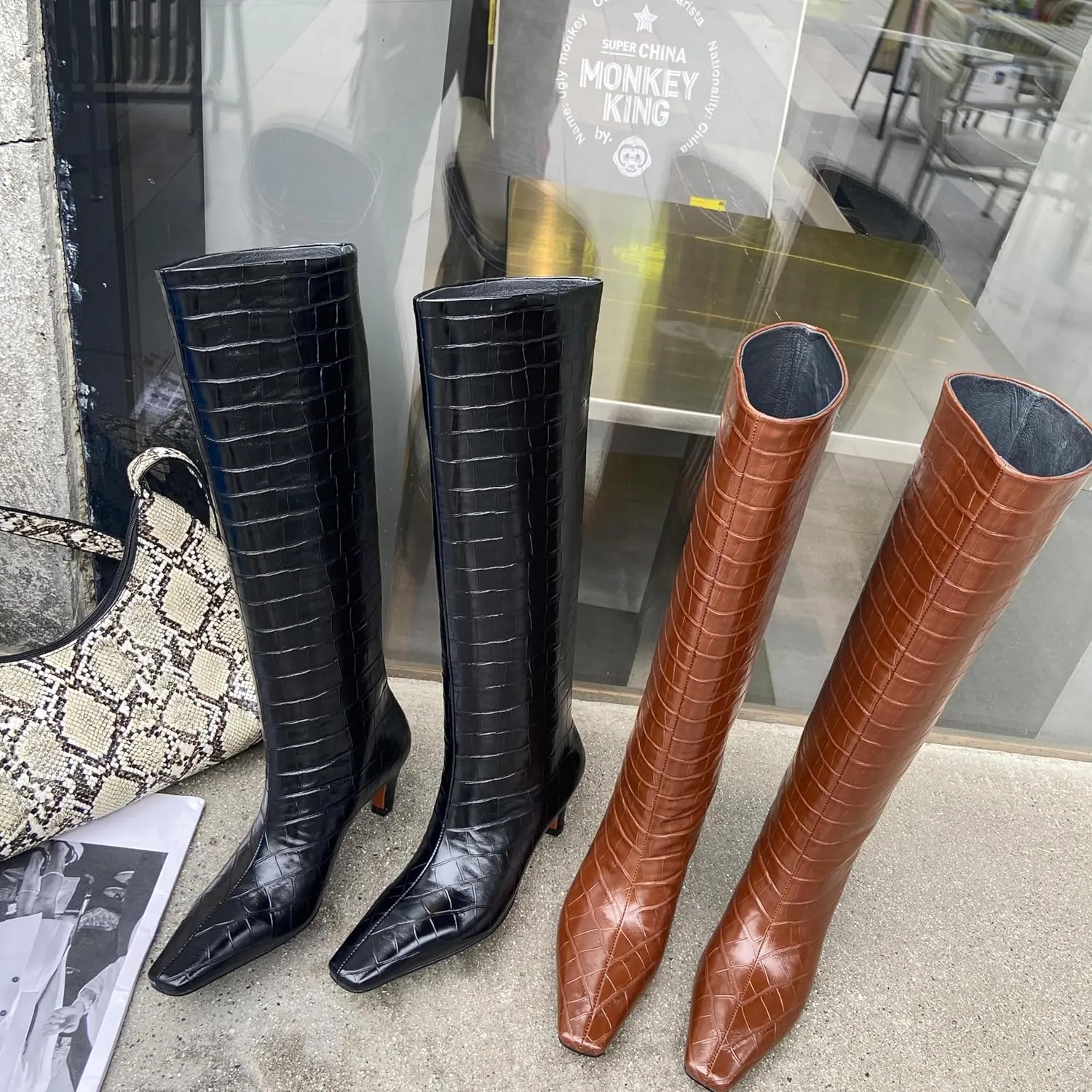 Vertundy Women's Knee High Boots Low Heel Wide Calf Tall Boots with Square Toe Classic Faux Crocodile Chunky Booties