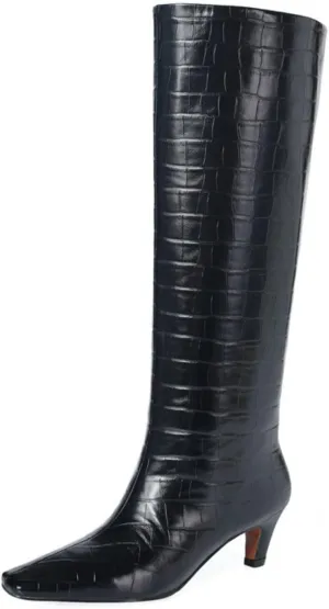 Vertundy Women's Knee High Boots Low Heel Wide Calf Tall Boots with Square Toe Classic Faux Crocodile Chunky Booties