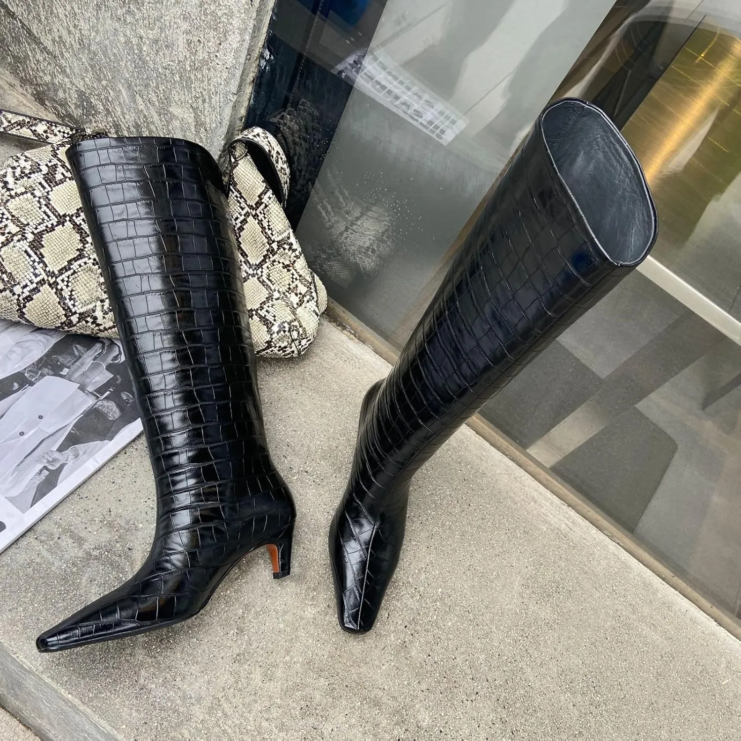 Vertundy Women's Knee High Boots Low Heel Wide Calf Tall Boots with Square Toe Classic Faux Crocodile Chunky Booties