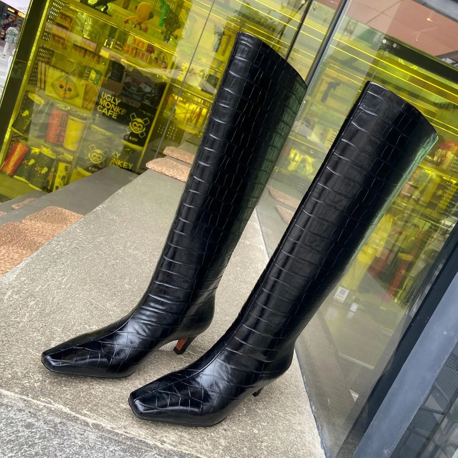 Vertundy Women's Knee High Boots Low Heel Wide Calf Tall Boots with Square Toe Classic Faux Crocodile Chunky Booties
