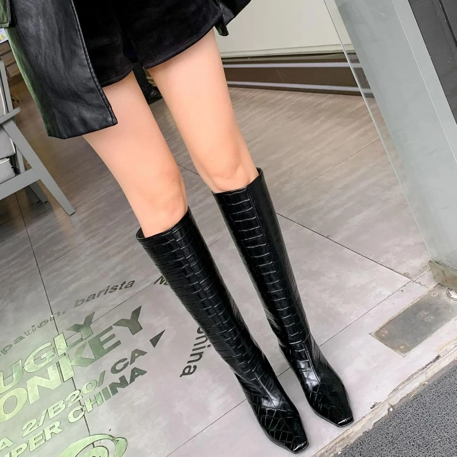 Vertundy Women's Knee High Boots Low Heel Wide Calf Tall Boots with Square Toe Classic Faux Crocodile Chunky Booties
