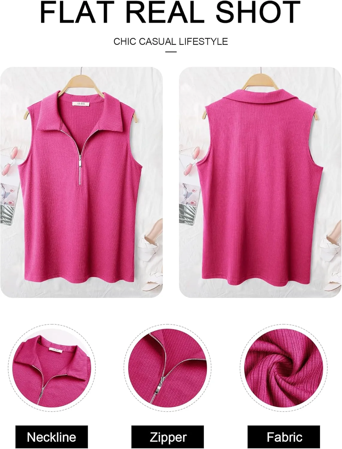Vivilli Womens Ribbed Tank Top Zipper V Neck Dressy Casual Blouses Sleeveless Camisole Tops Work Tank Polo Shirts