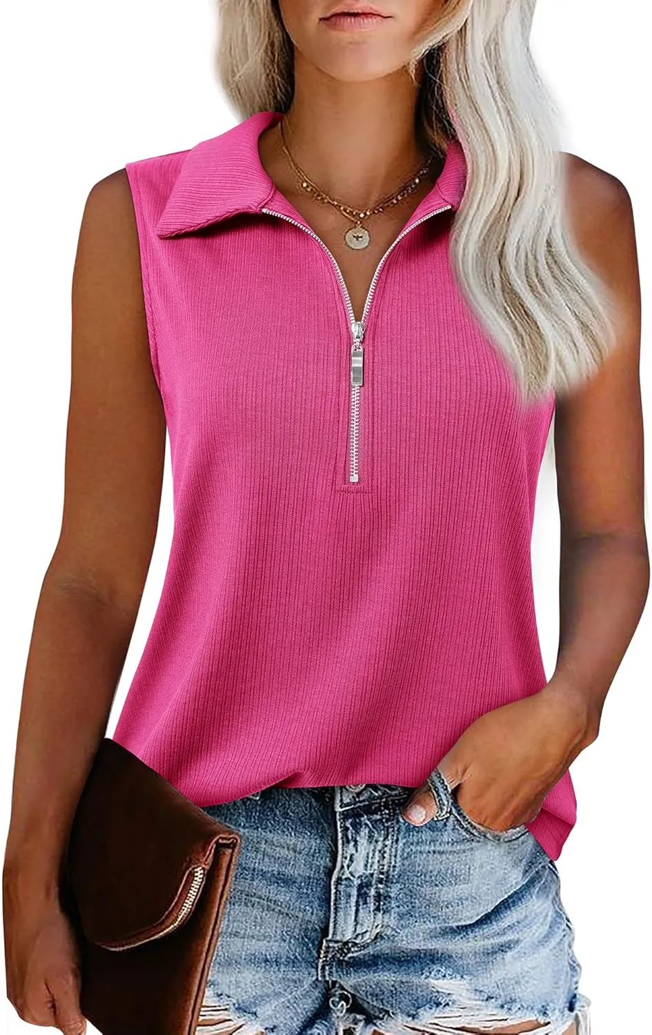 Vivilli Womens Ribbed Tank Top Zipper V Neck Dressy Casual Blouses Sleeveless Camisole Tops Work Tank Polo Shirts