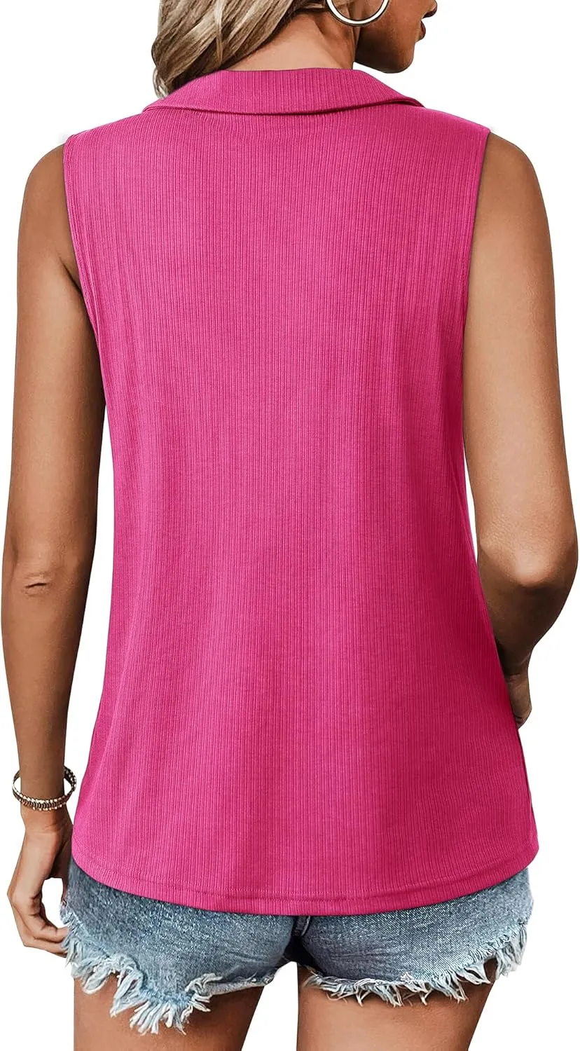 Vivilli Womens Ribbed Tank Top Zipper V Neck Dressy Casual Blouses Sleeveless Camisole Tops Work Tank Polo Shirts