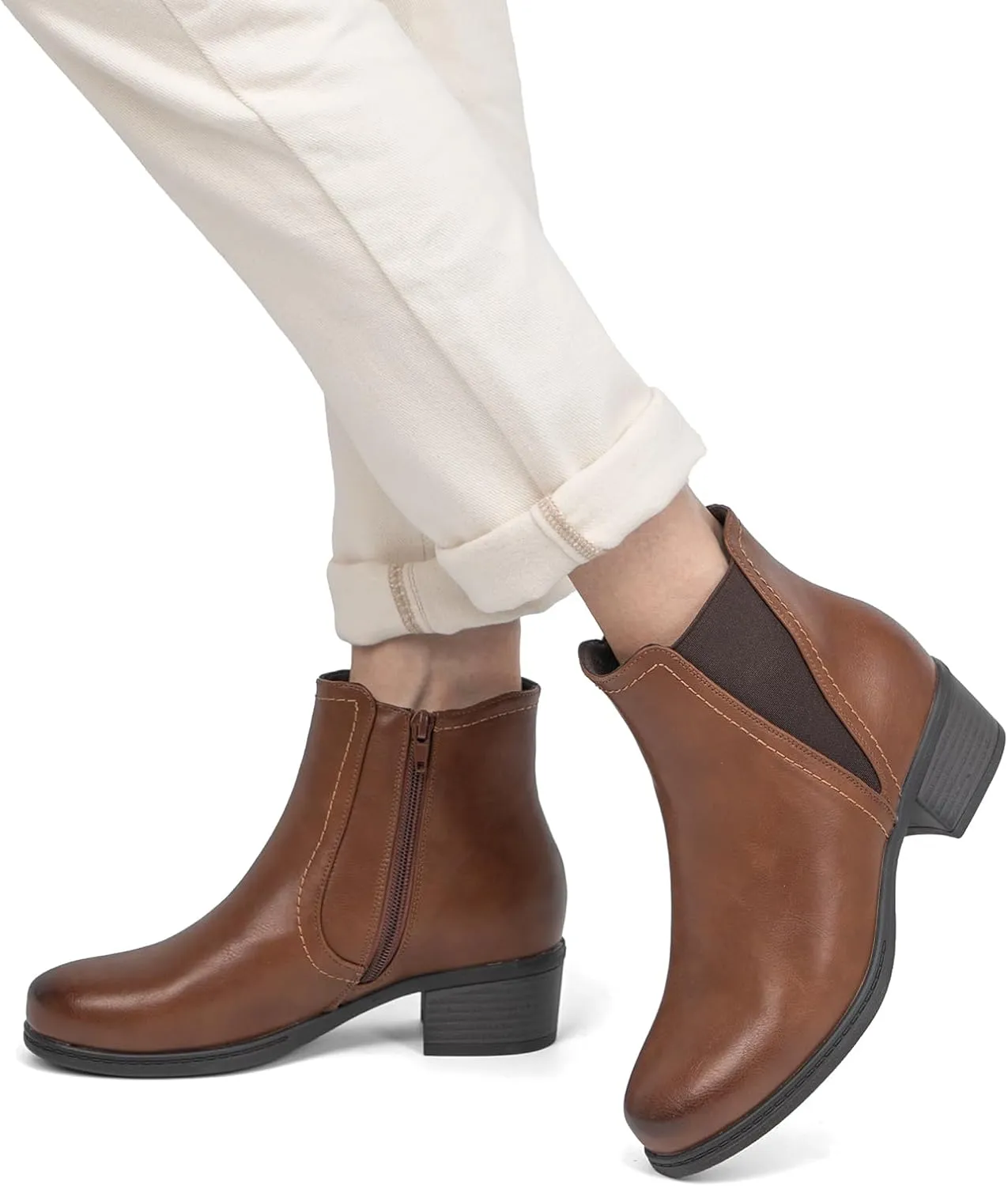 VJH confort Women's Ankle Boots Elastic Chunky Low Heel Chelsea Booties with Zipper