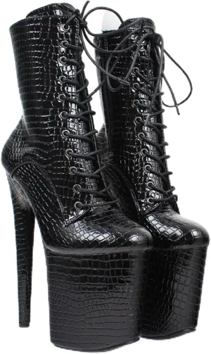 Vujkliy 20CM Crocodile Print Women's Ankle Boots Round Toe Platform Side Zipper Lace Up Low Boots Sexy Nightclub Model Catwalk Stiletto Black Large Size