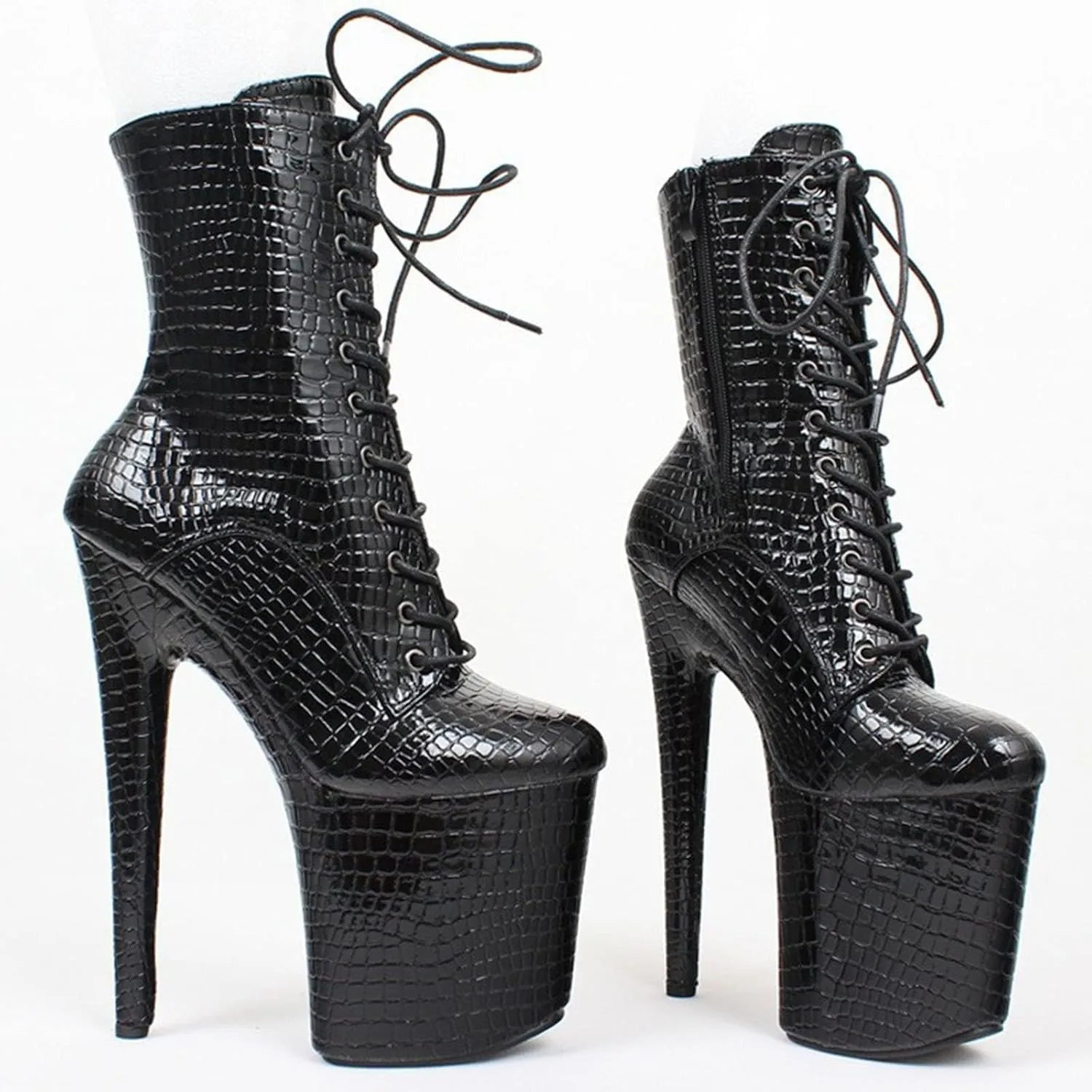 Vujkliy 20CM Crocodile Print Women's Ankle Boots Round Toe Platform Side Zipper Lace Up Low Boots Sexy Nightclub Model Catwalk Stiletto Black Large Size