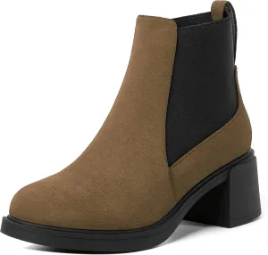 WAYDERNS Womens Slip On Suede Outdoor Round Toe Casual Chunky Mid Heel Ankle High Boots 2.2 Inch