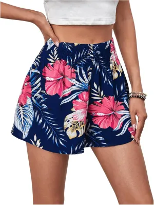 WDIRARA Women's Floral Tropical Print Flowy Shorts Boho Elastic High Waisted Wide Leg Shorts