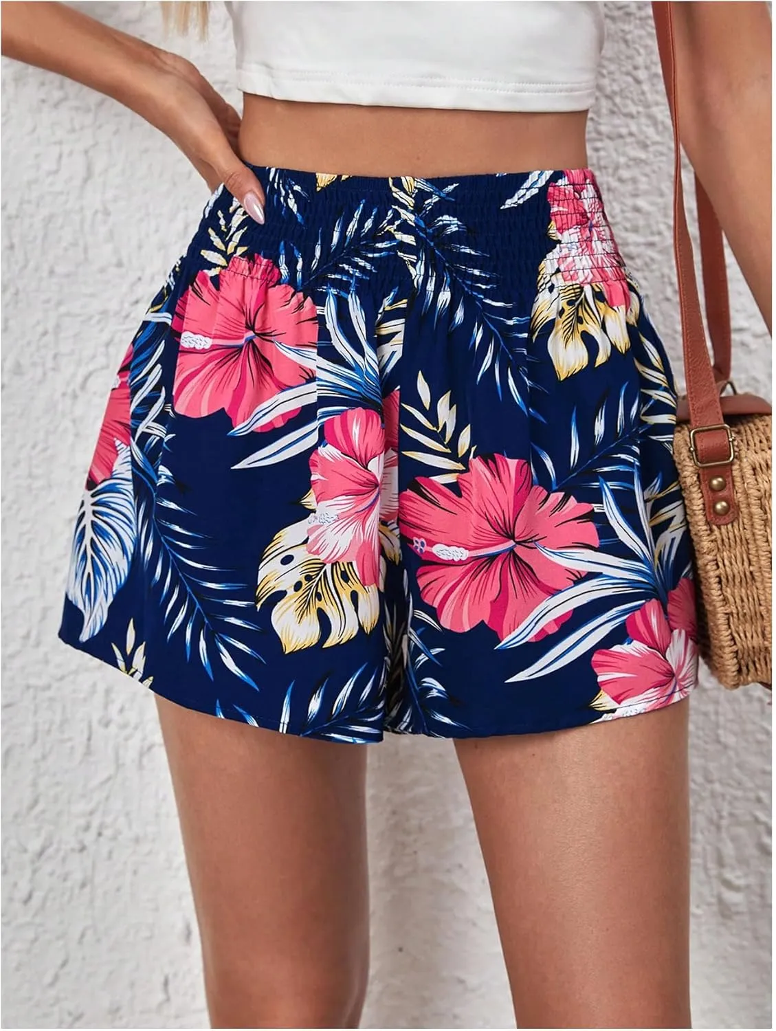 WDIRARA Women's Floral Tropical Print Flowy Shorts Boho Elastic High Waisted Wide Leg Shorts