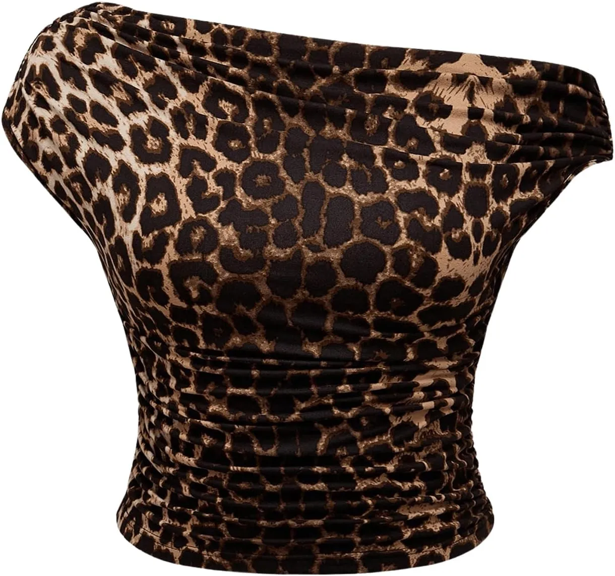 WDIRARA Women's Plus Size Leopard Ruched Tee Dolman Sleeve Asymmetrical Neck Slim T Shirt