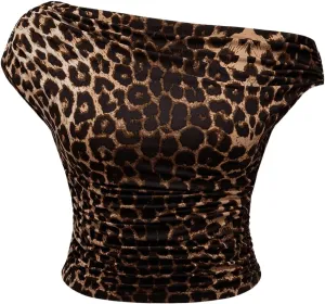 WDIRARA Women's Plus Size Leopard Ruched Tee Dolman Sleeve Asymmetrical Neck Slim T Shirt