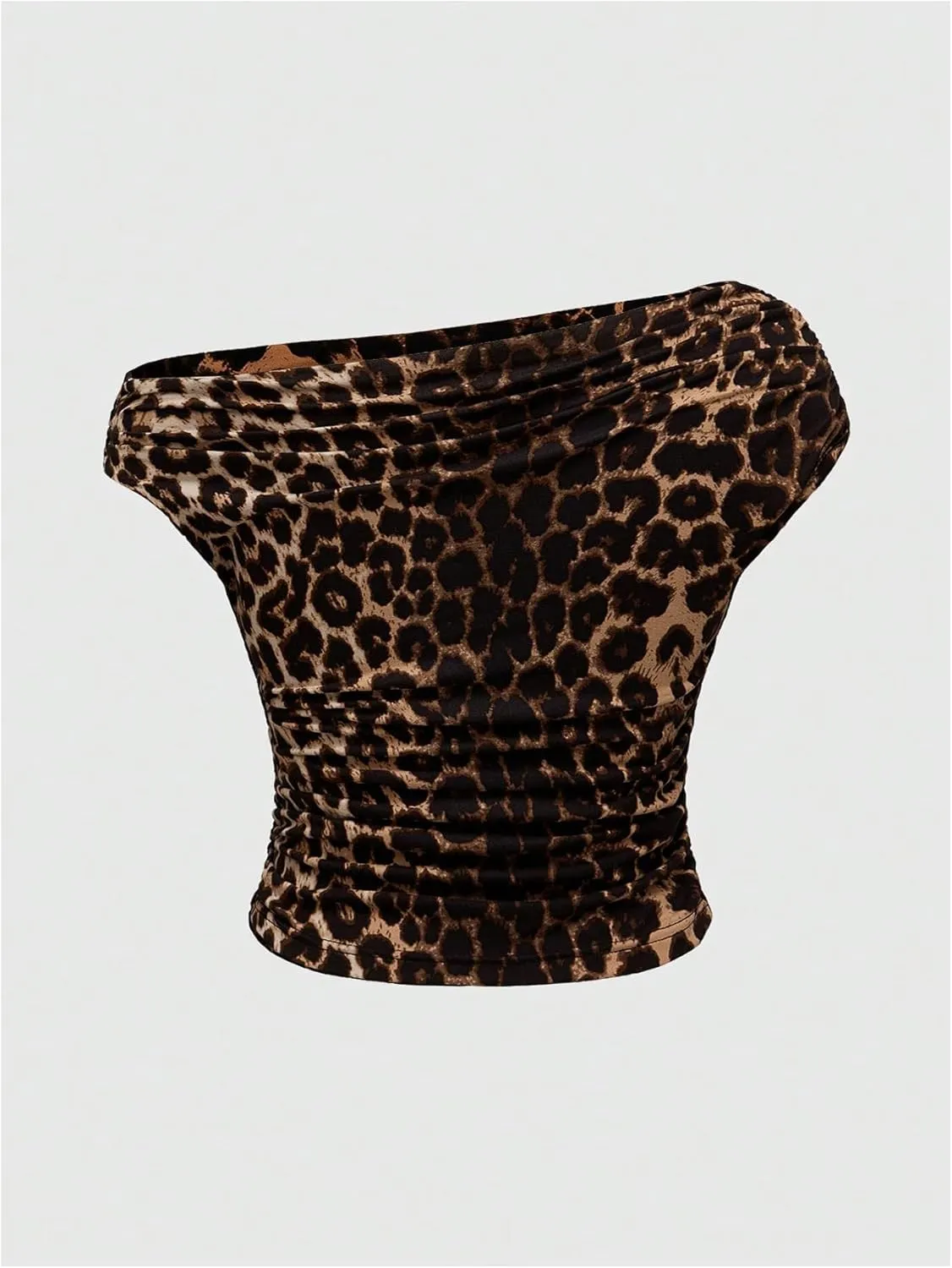 WDIRARA Women's Plus Size Leopard Ruched Tee Dolman Sleeve Asymmetrical Neck Slim T Shirt