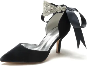 Wedding Bridal Pointed Toe Womens High Heel Shoes Ankle Buckle Pumps Rhinestones Heeled Bowknot Court Sandals Evening Party Dress,Black,10