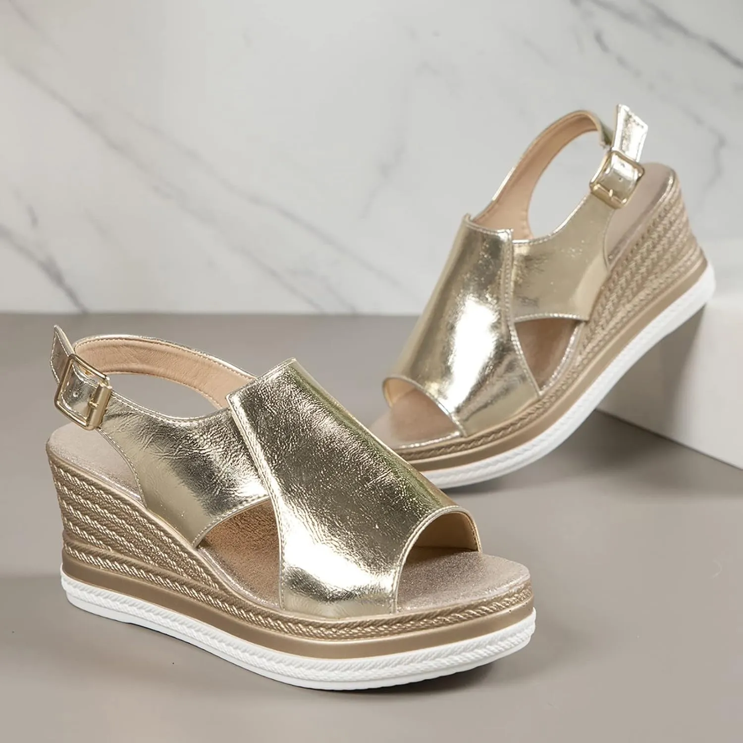 Wedge Sandals for Women Comfortable 2025 Dressy Metallic Slingback Sandals Glamorous Platform Casual Summer Bohemian Sandal