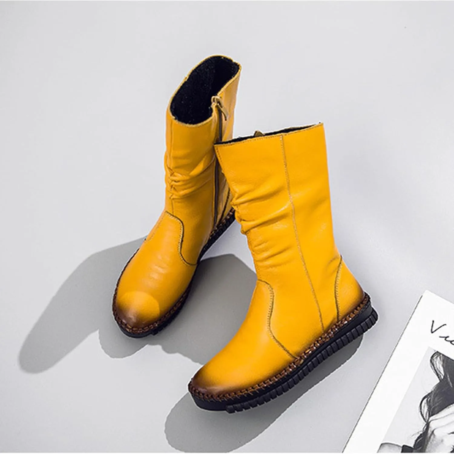 WENOREG Women's Hand Stitching Pleated Flat Mid Calf Boots,Fashion Leather Stitching Side Zipper Comfort Outdoor Anti-slip Work Walking Winter Boots Keep Warm Plush Lining Platform Boots