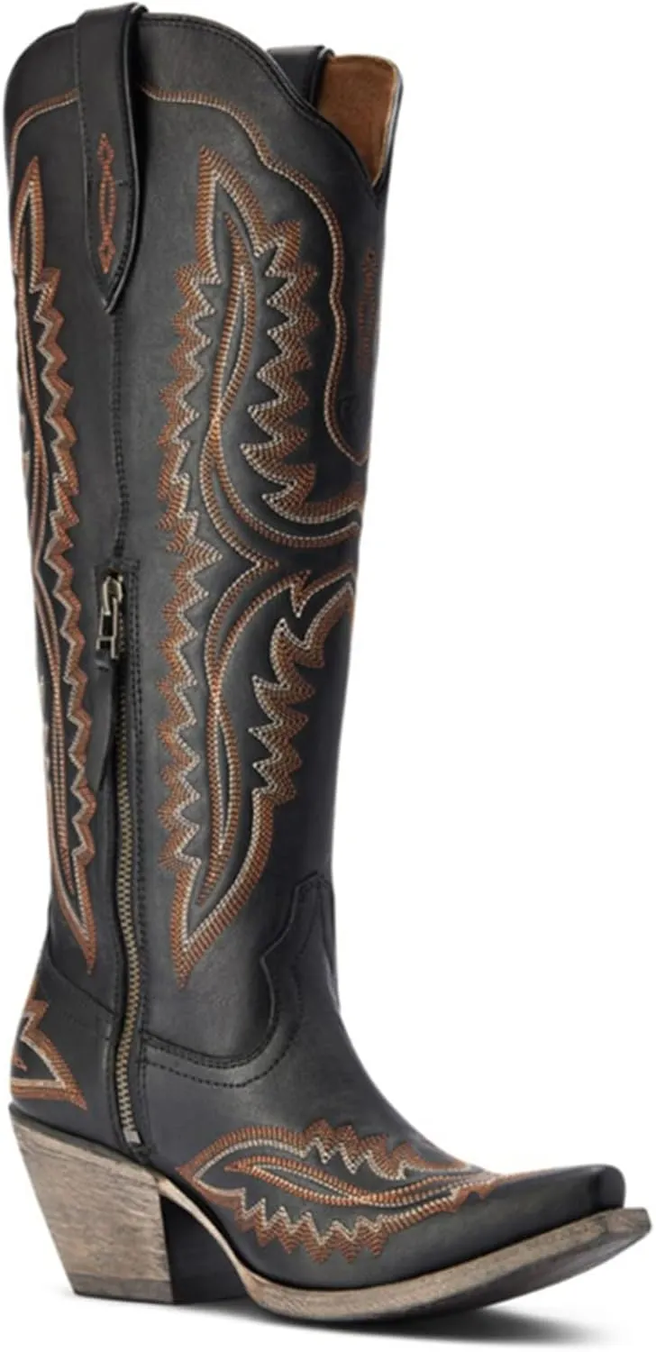 Western Women's Cowboy Boots Fashion Knee-High Boots With Classic Embroidery Side Zipper And Chunky Heel Pointy Toe Dress Boots