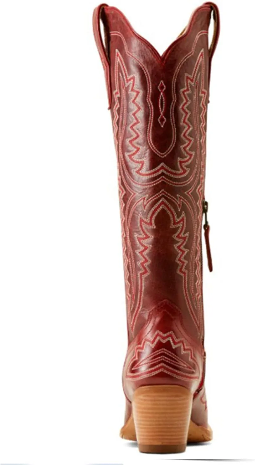 Western Women's Cowboy Boots Fashion Knee-High Boots With Classic Embroidery Side Zipper And Chunky Heel Pointy Toe Dress Boots