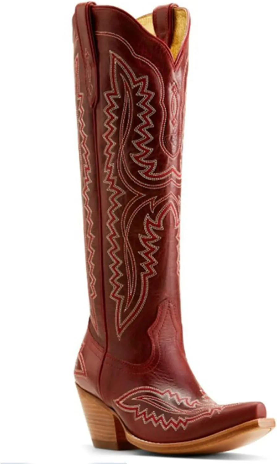 Western Women's Cowboy Boots Fashion Knee-High Boots With Classic Embroidery Side Zipper And Chunky Heel Pointy Toe Dress Boots